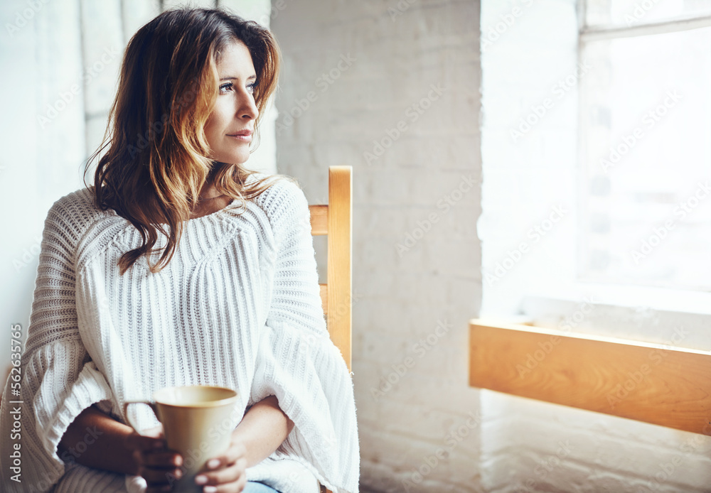 Relax, thinking and woman drinking coffee in her home, content and quiet while daydreaming on wall b