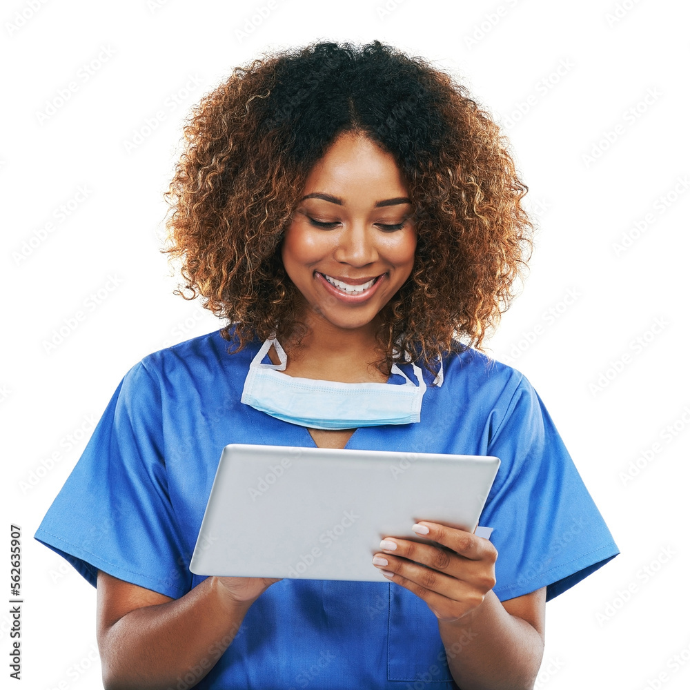 Tablet, healthcare nurse and black woman in studio isolated on a white background mockup. Technology