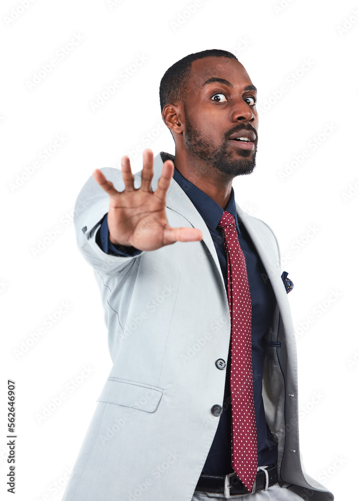 Fear, portrait and stop hand of businessman for warning, problem or protection sign of people in stu