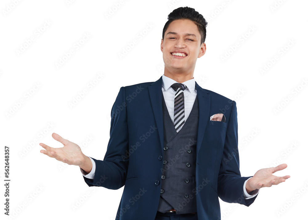 Portrait, shrug and mockup with a business asian man in studio isolated on a white background to ans