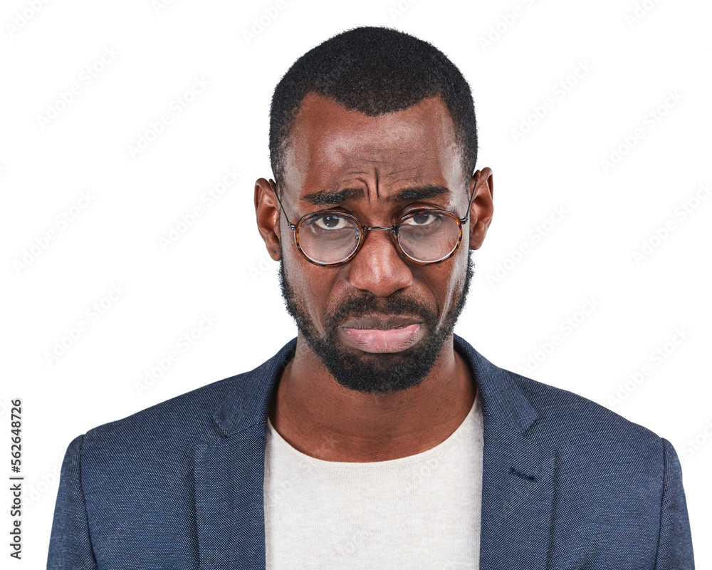 Sad, business man and black worker portrait of depressed face with sadness from work. White backgrou