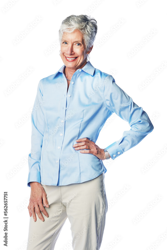 Portrait, senior woman and happy with smile, retirement and elderly lady isolated on white studio ba