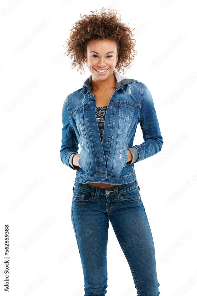 Fashion, studio and portrait of black woman in denim isolated on a white background. Makeup, aesthet