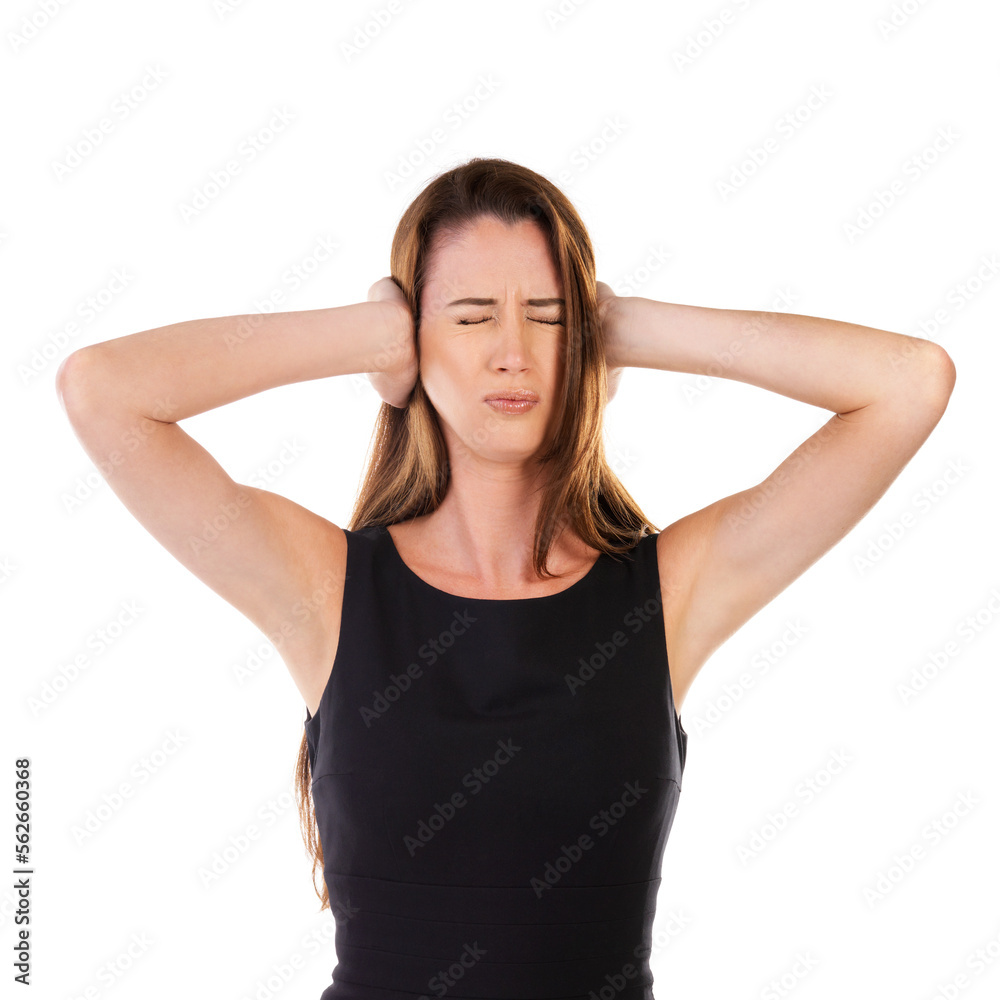 Woman, covering ears and isolated on a white background standing alone for noise, loud or anxiety. D