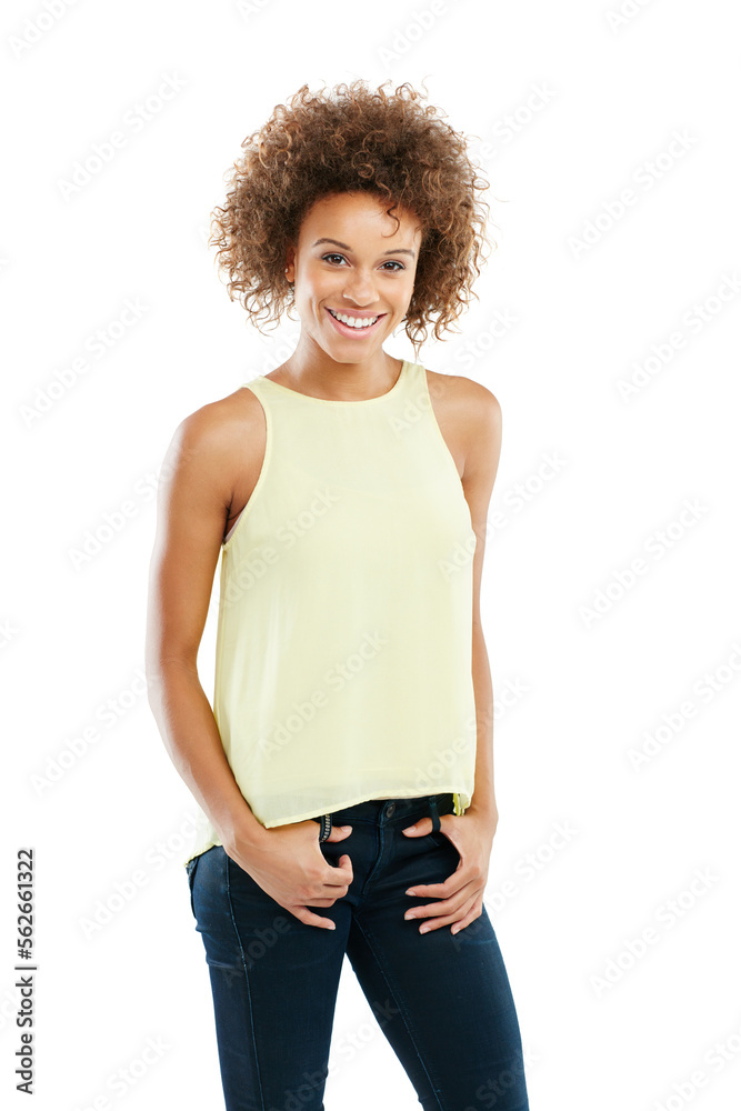 Portrait, casual and black woman in studio, happy and confident against a white background space. Wo