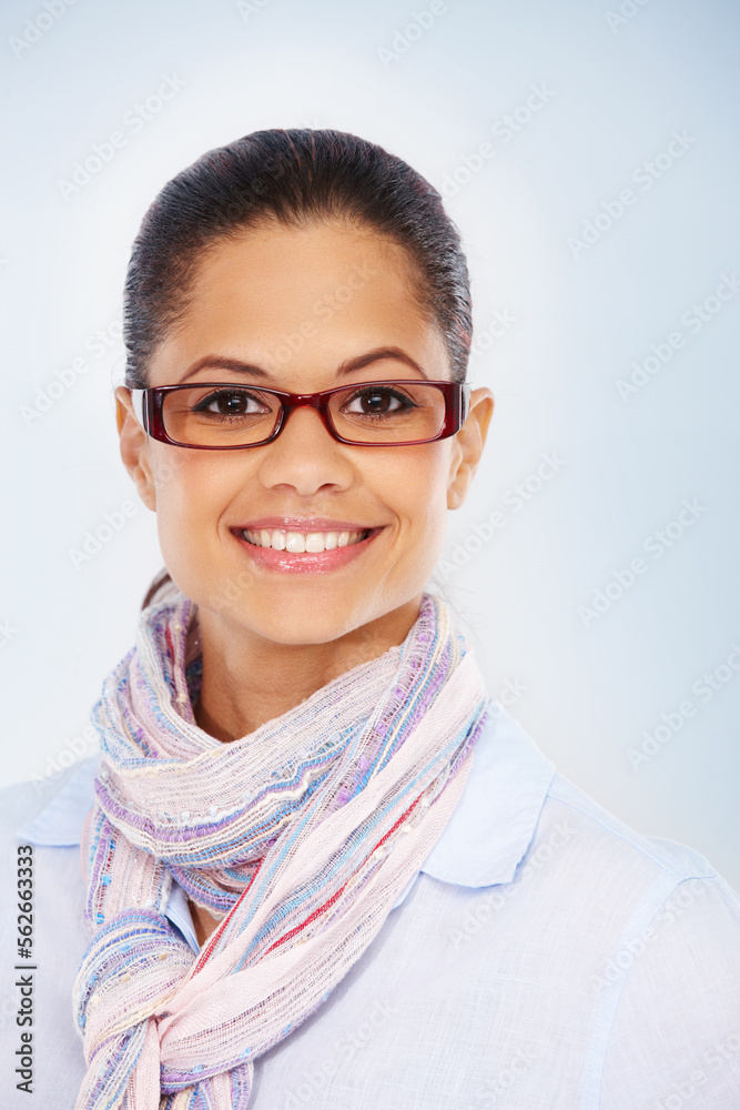 Portrait, glasses and mockup with a black woman in studio on a gray background for vision or prescri