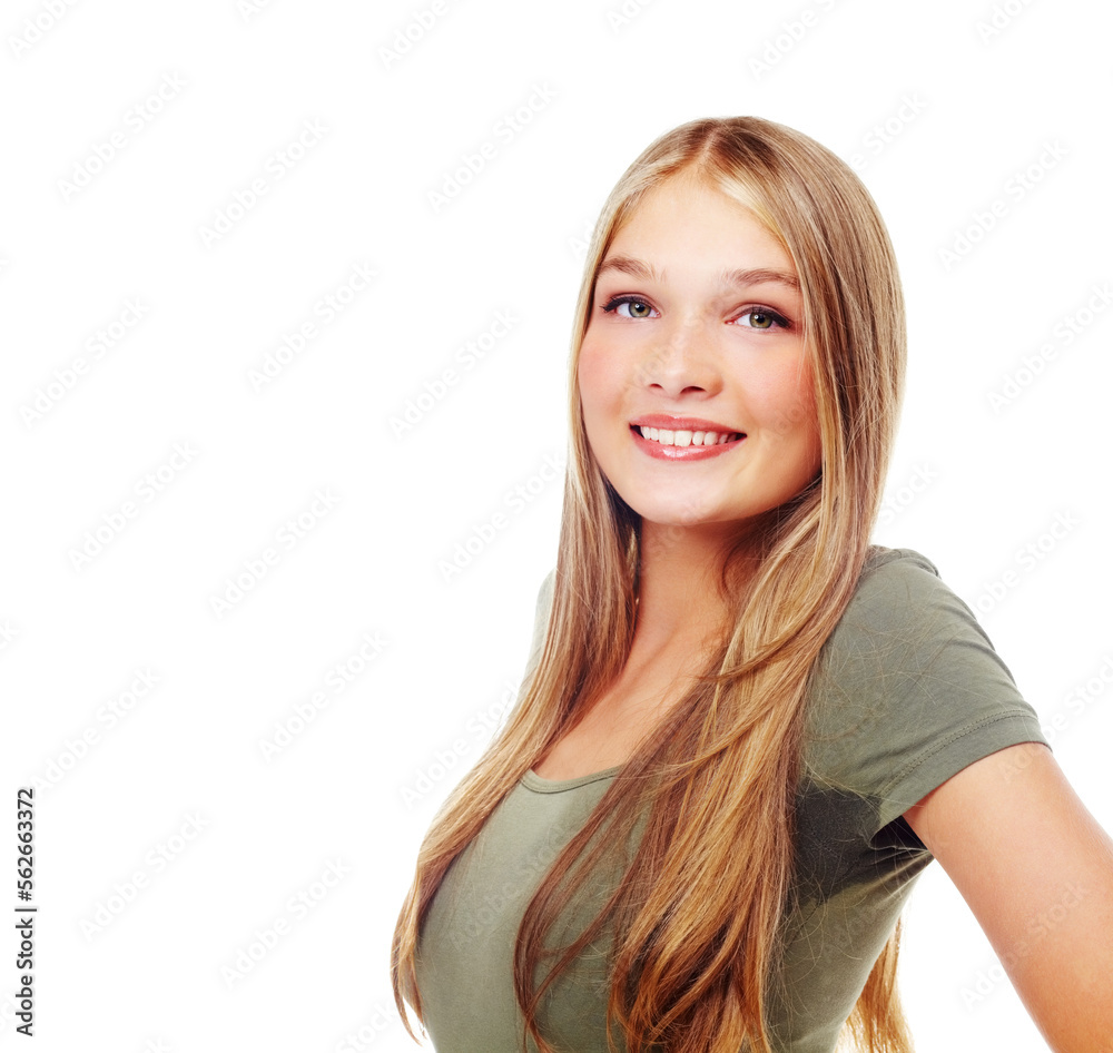 Beauty, young and portrait of a woman student with mockup space and white background. Studio, isolat