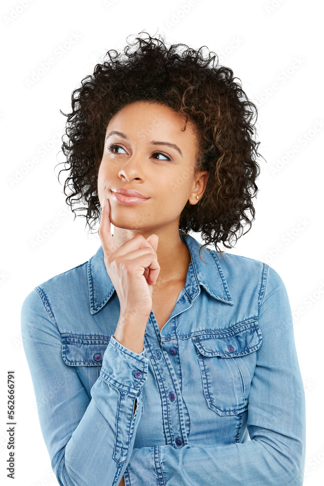 Studio shot of an attractive young woman looking thoughtful Isolated on a PNG background.