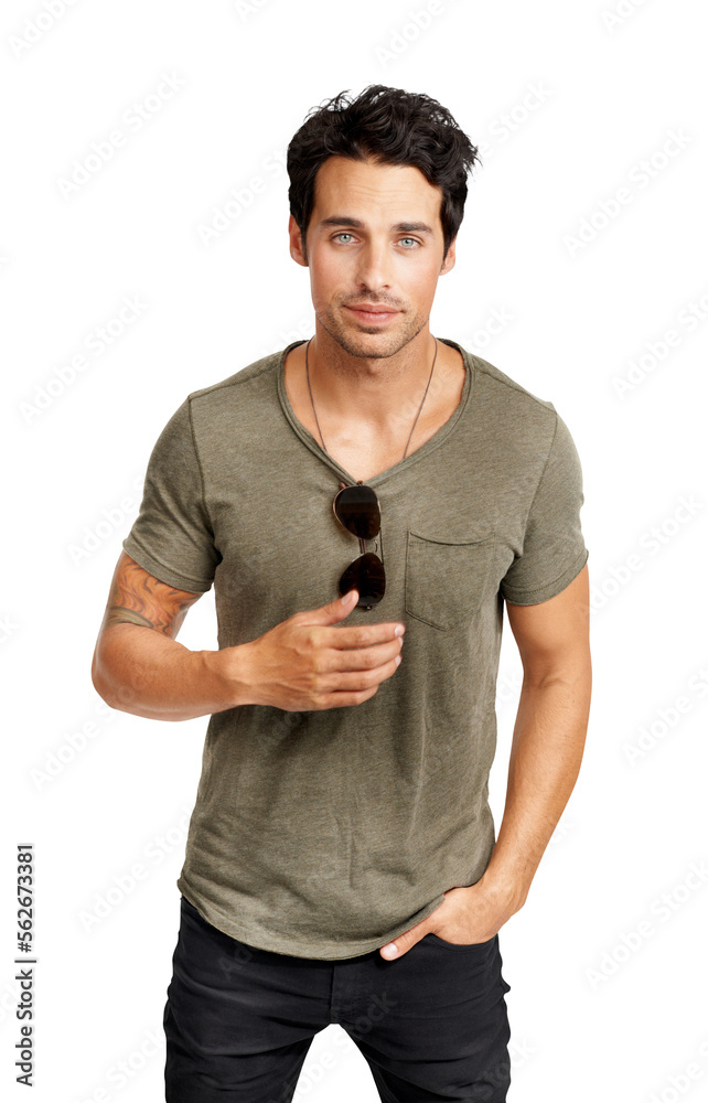 A trendy young man with sunglasses hanging around his neck Isolated on a PNG background.