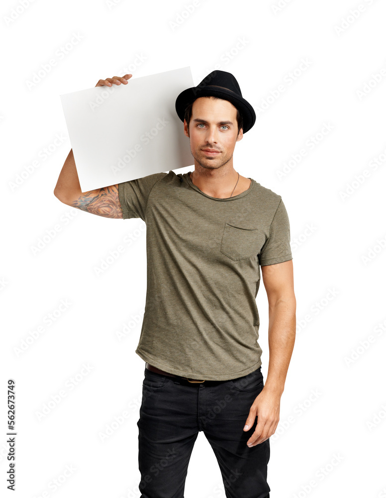 A handsome young man holding a placard Isolated on a PNG background.