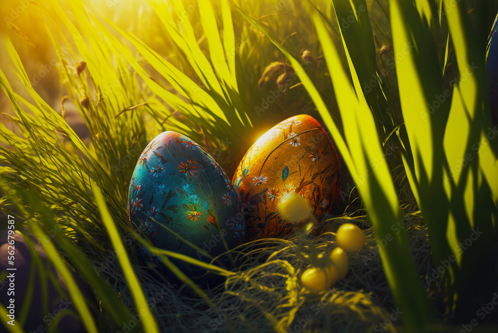 Ornate Easter eggs on a grass lawn on a sunny day. Generative AI