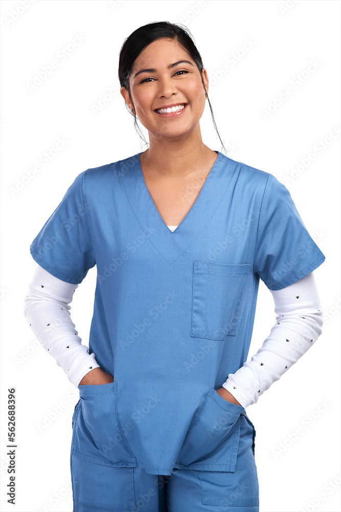 Portrait of a young doctor standing with her hands tucked into her scrubs Isolated on a PNG backgrou