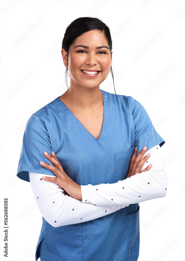 Portrait of a beautiful young doctor standing with arms folded Isolated on a PNG background.