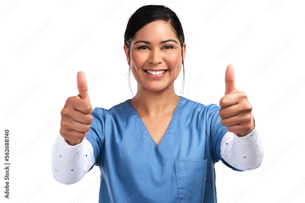 Portrait of a young doctor showing a thumbs up sign Isolated on a PNG background.