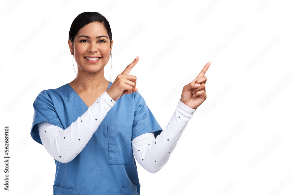 Portrait of a young doctor wearing scrubs and pointing to her left Isolated on a PNG background.