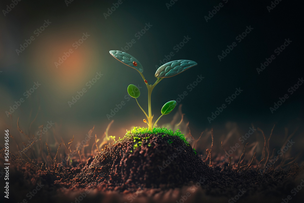  Young plant with ground backdrop and dawn light, New life idea, fresh, seed, image with a agricultu