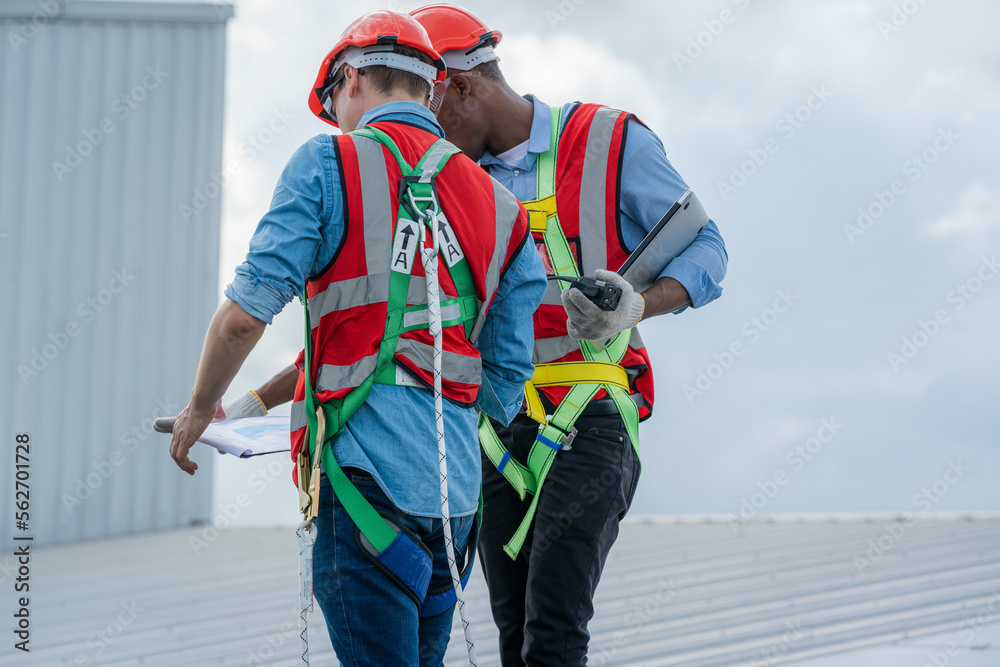 Construction worker wearing safety harness and safety line,Equipment of industrial worker high place