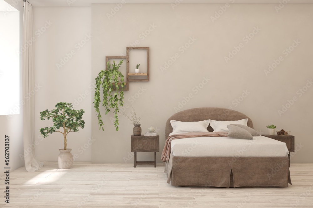 White bedroom interior. Scandinavian design. 3D illustration