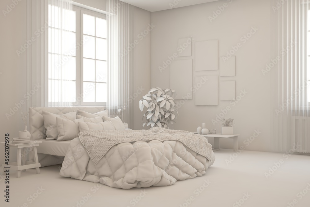 White bedroom interior. Scandinavian design. 3D illustration