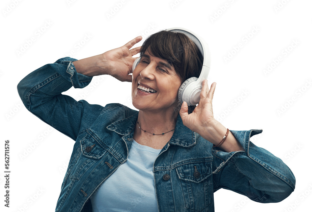 A senior woman wearing headphones Isolated on a PNG background.