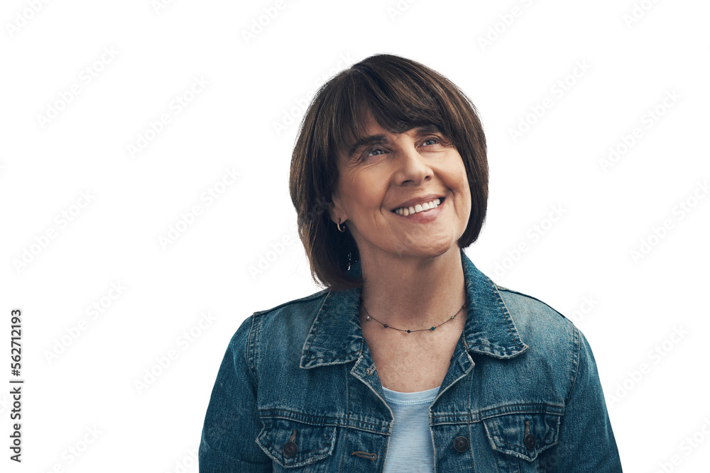 A senior woman looking thoughtful  Isolated on a PNG background.