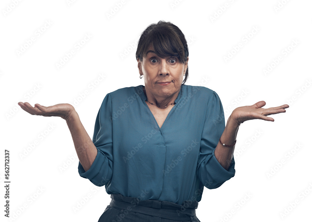 A senior woman shrugging against Isolated on a PNG background.