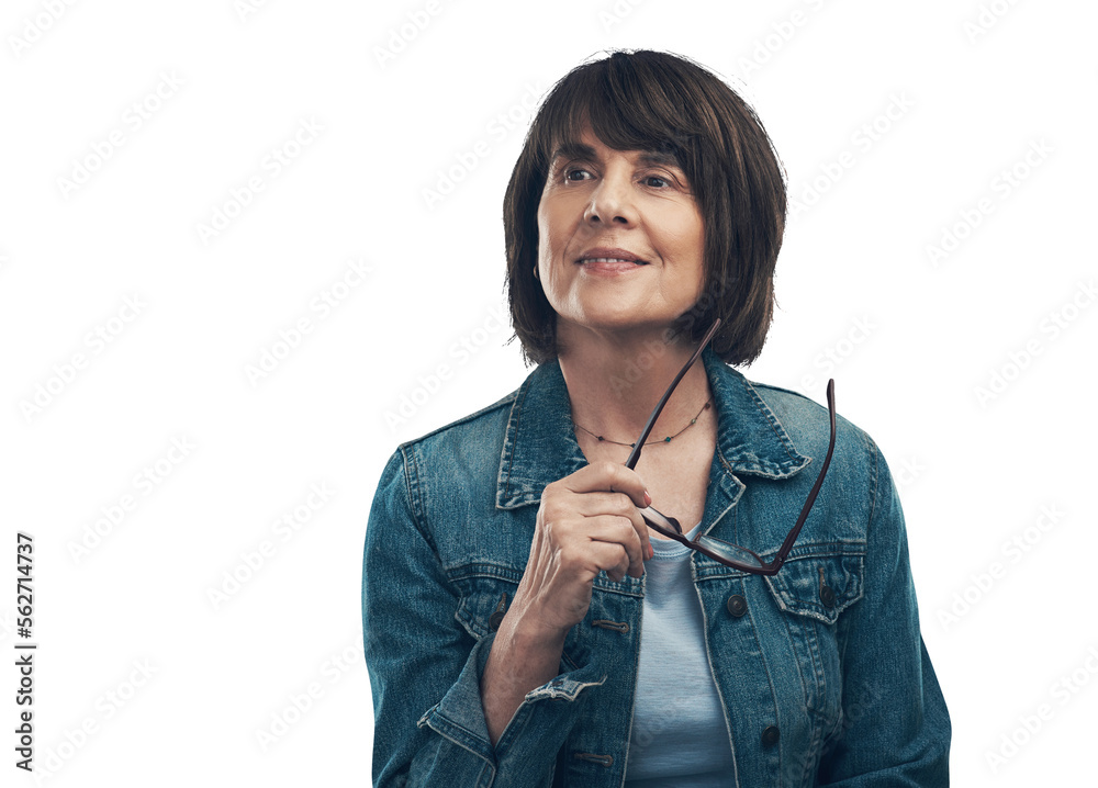 A senior woman looking thoughtful Isolated on a PNG background.