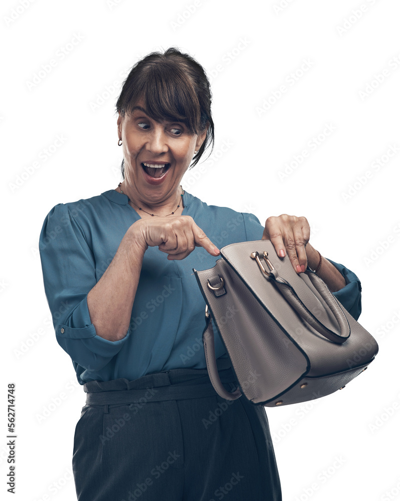 A senior woman looking for something in her handbag  Isolated on a PNG background.