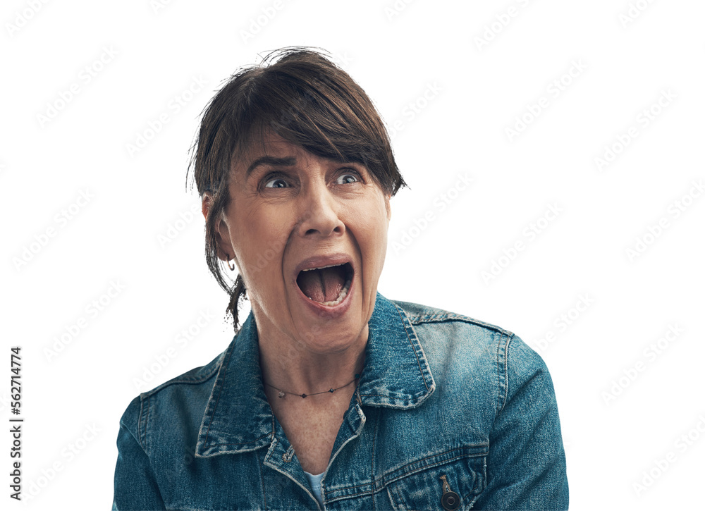 A senior woman looking scared  Isolated on a PNG background.