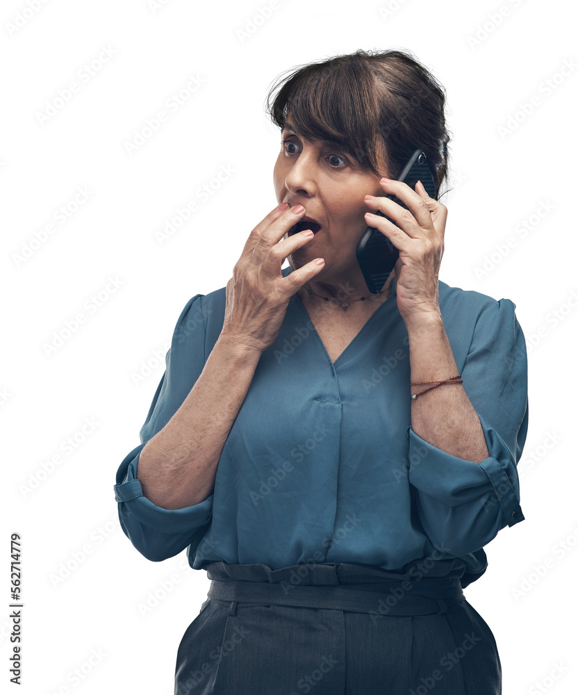 A senior woman looking shocked while talking on a cellphone  Isolated on a PNG background.