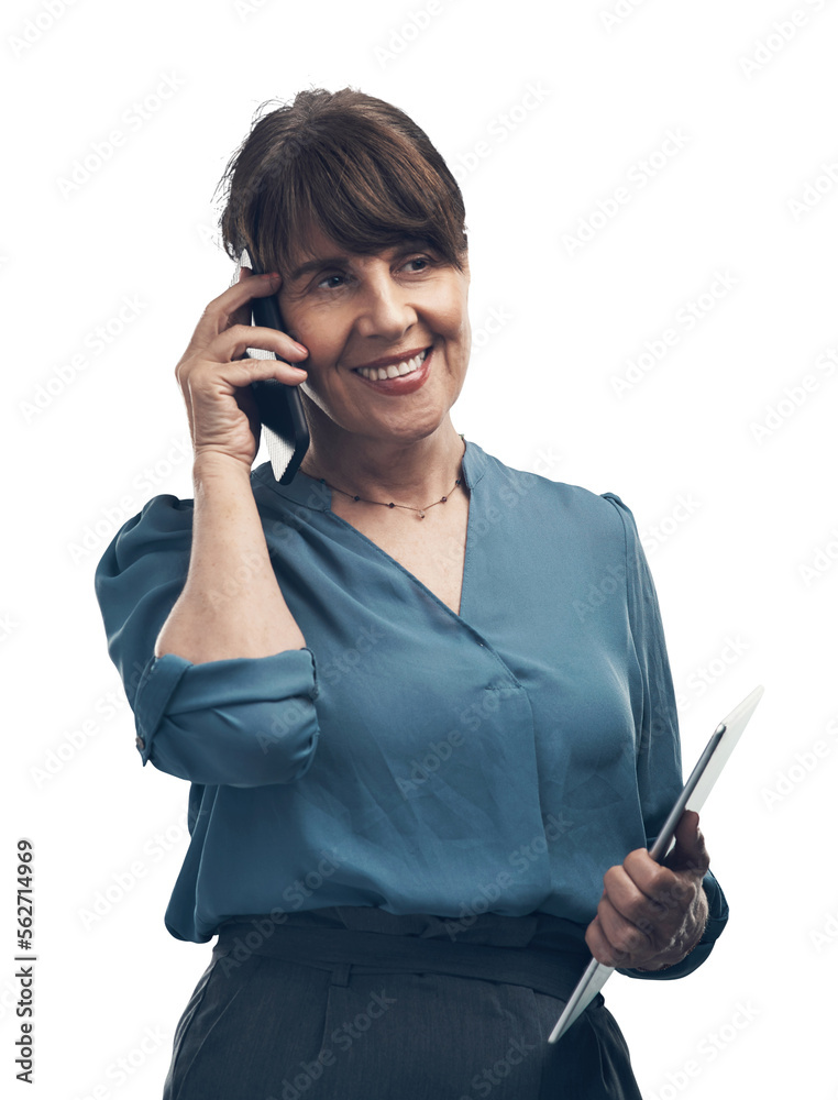 A senior woman talking on a cellphone while holding a digital tablet Isolated on a PNG background.