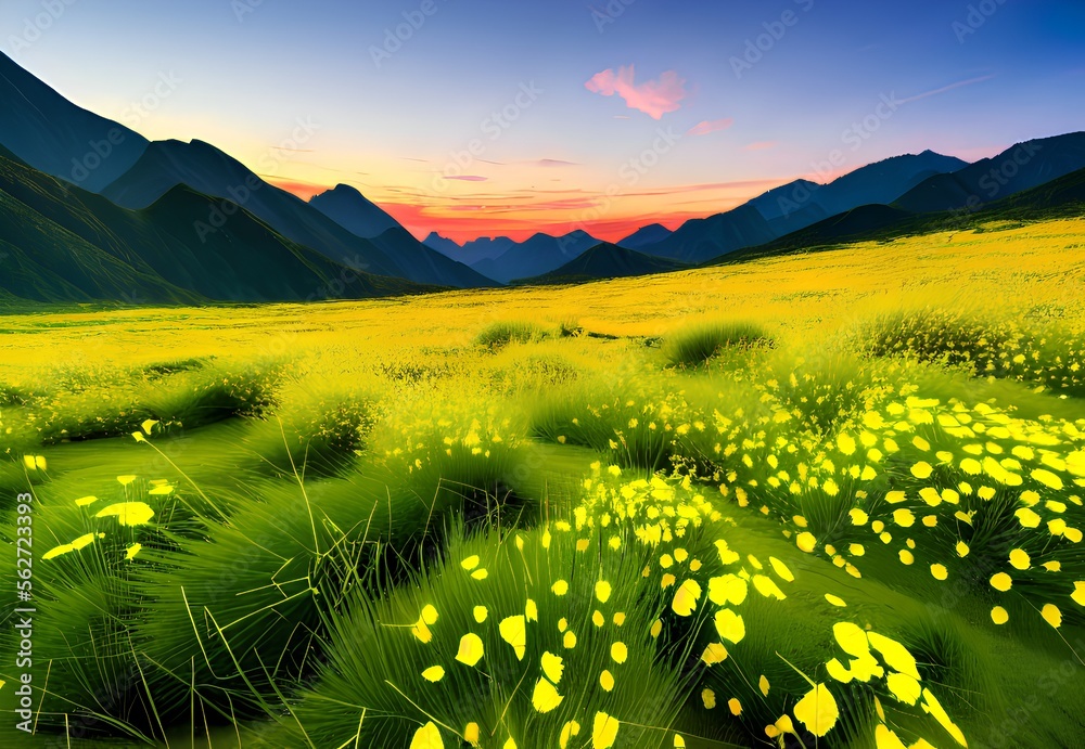 Generative AI,scenic view of yellow flowering plants on field against sky