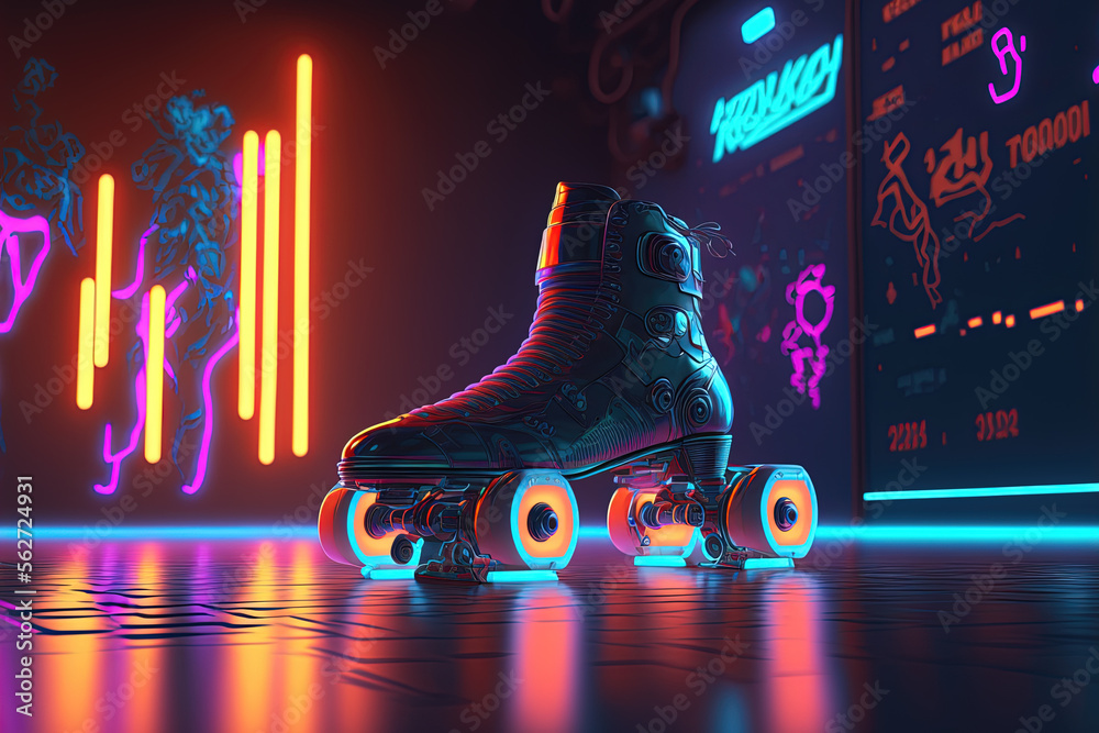 Generative AI, Roller skate in cyberpunk style, disco nostalgic 80s, 90s. Neon night lights vibrant 