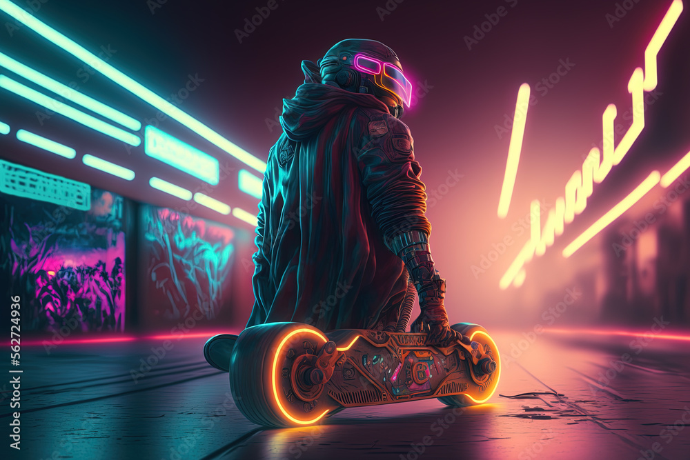 Generative AI, Skate board, man in vr glasses, cyberpunk style. Neon night lights vibrant colors, ph