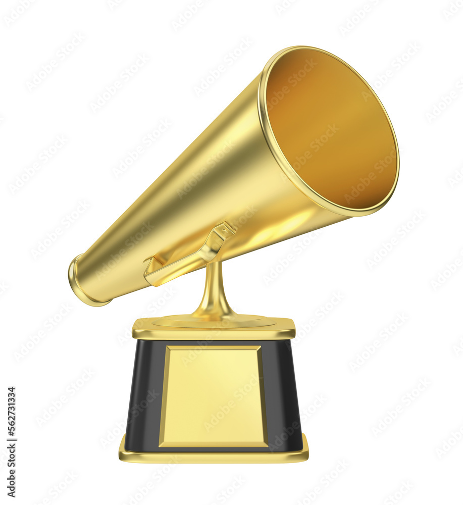 Retro megaphone gold trophy on transparent background, front view