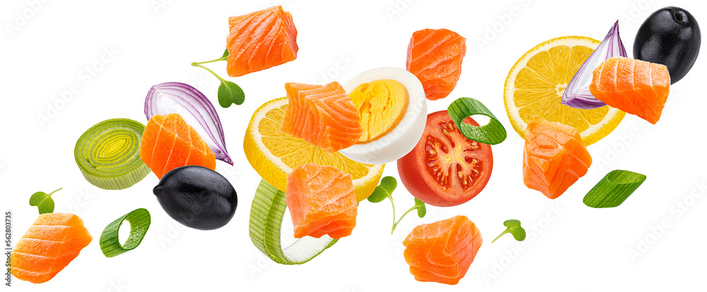 Falling salmon salad ingredients isolated on white background