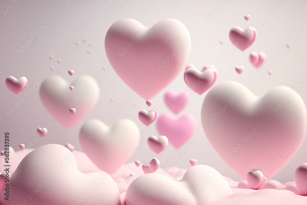 Many pink hearts fly as balloons in the sky with clouds. Romantic background for Valentines day. Ge