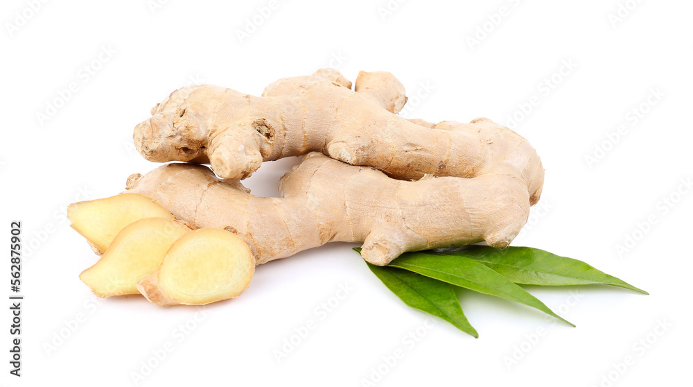 Fresh ginger roots and leaves on white background