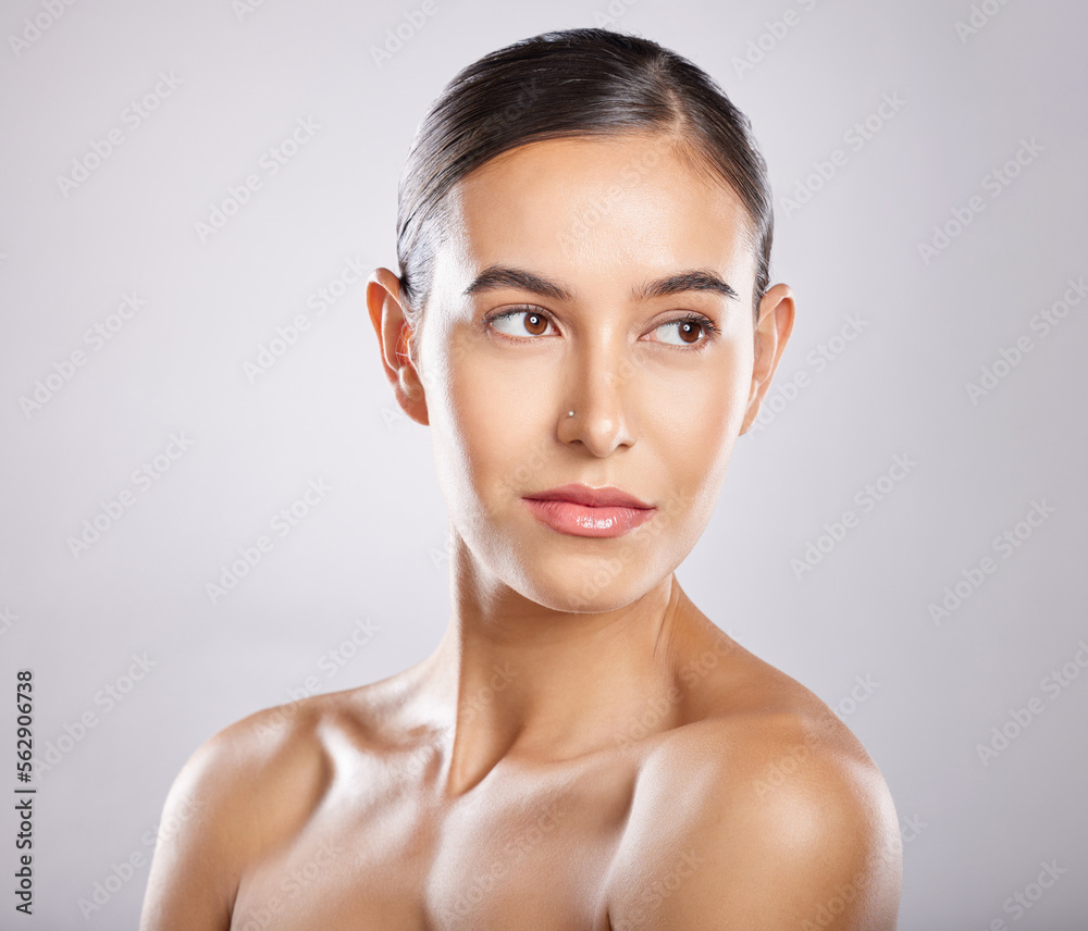 Woman, beauty and skincare of a wellness model for face cleaning and makeup product. Isolated, white