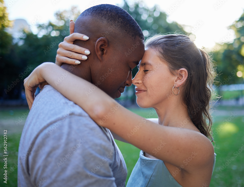 Love, forehead and interracial couple, outdoor and quality time for bonding, romantic and loving tog