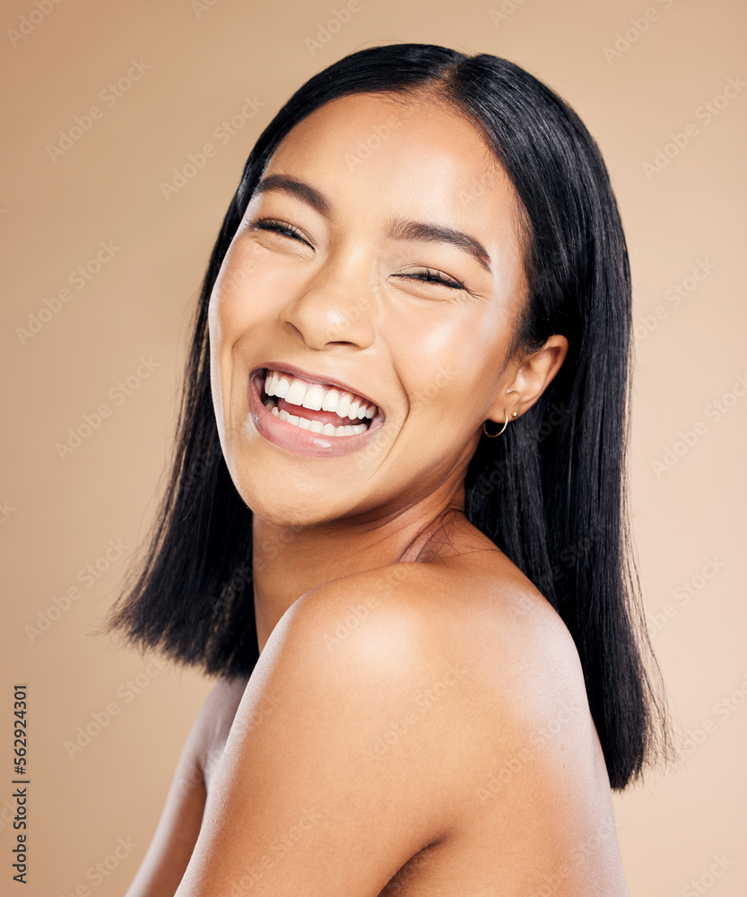 Portrait, skincare and black woman isolated on studio background for beauty facial, makeup and cosme