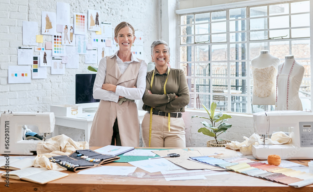 Women, fashion and designer portrait in workshop for collaboration on creative idea for small busine