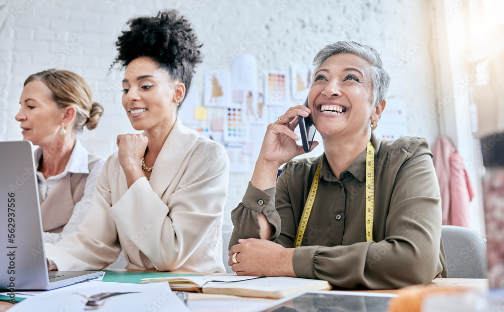 Designer, fashion and senior woman on phone call with contact in workshop. Group collaboration, smal