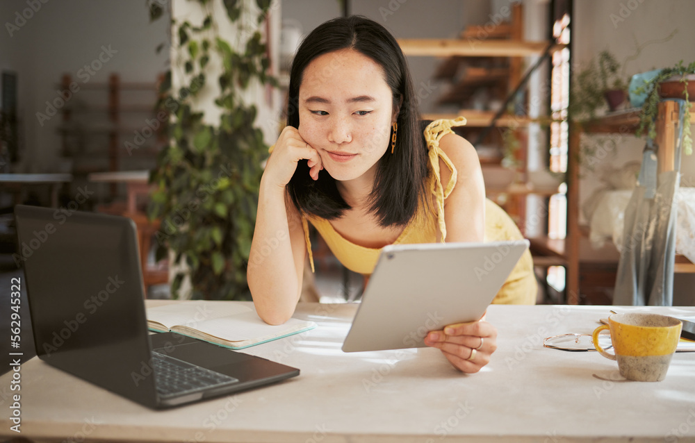 Thinking, research and tablet with asian woman confused in startup for management, planning or innov