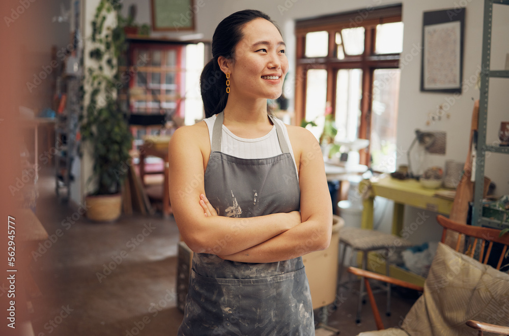 Asian woman, potter and arms crossed in pottery studio, small business or ceramic workshop with idea