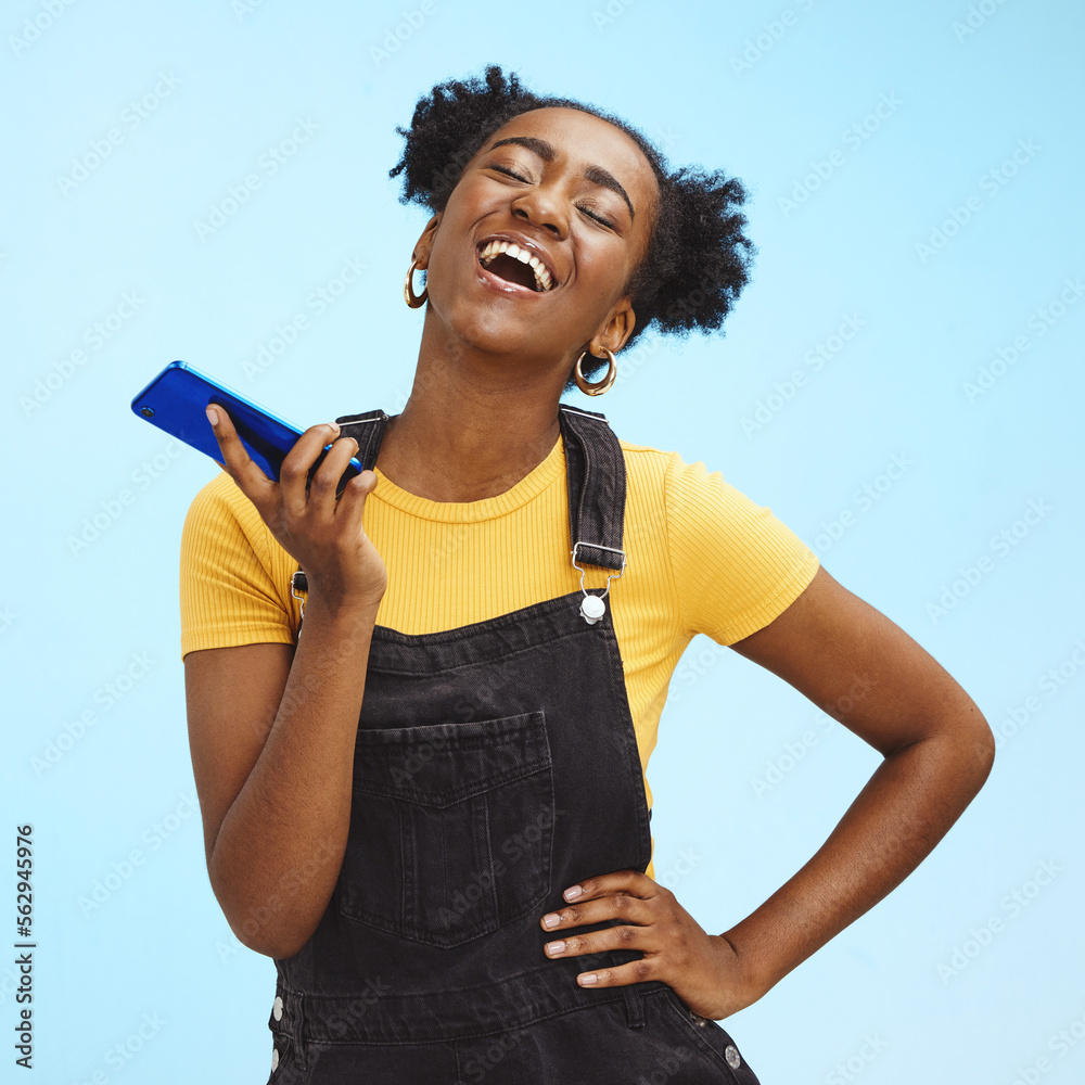 Phone, fashion and black woman laugh on blue background for social media, internet and chat mockup. 