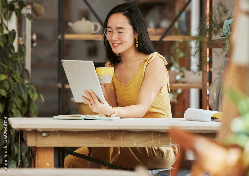 Thinking, smile and tablet with of asian woman on coffee break in startup for management, planning a