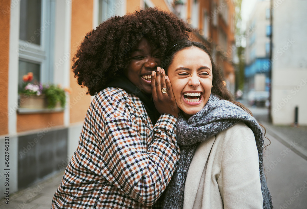 Friends, gossip in ear and women in street laughing at secret joke in city with smile on face. Urban