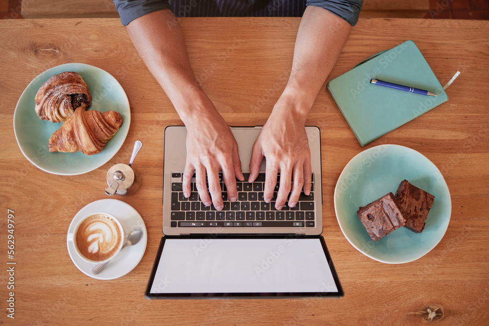 Laptop, coffee shop and above man hands writing email, freelance and internet with screen mockup. Ha