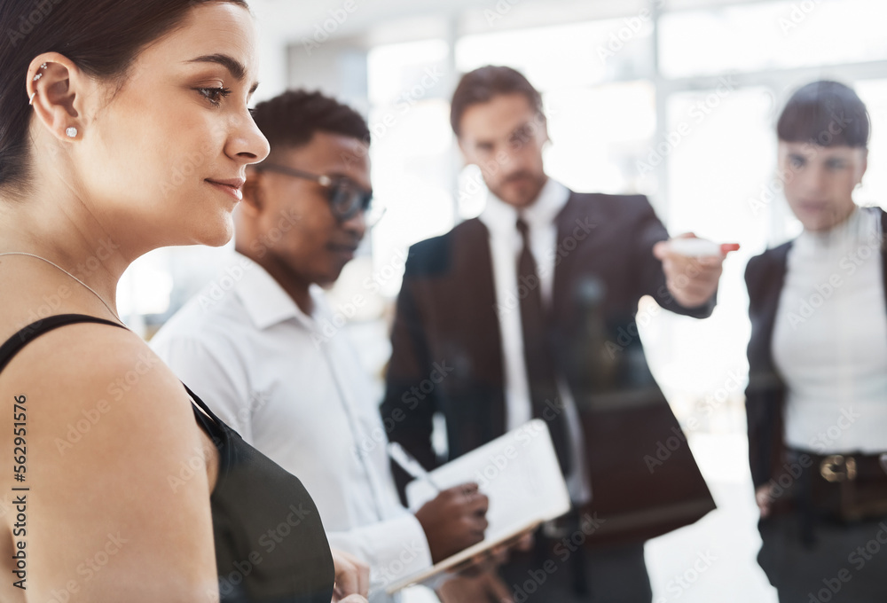 Business people, strategy and brainstorming by glass board at office meeting with women, businessman